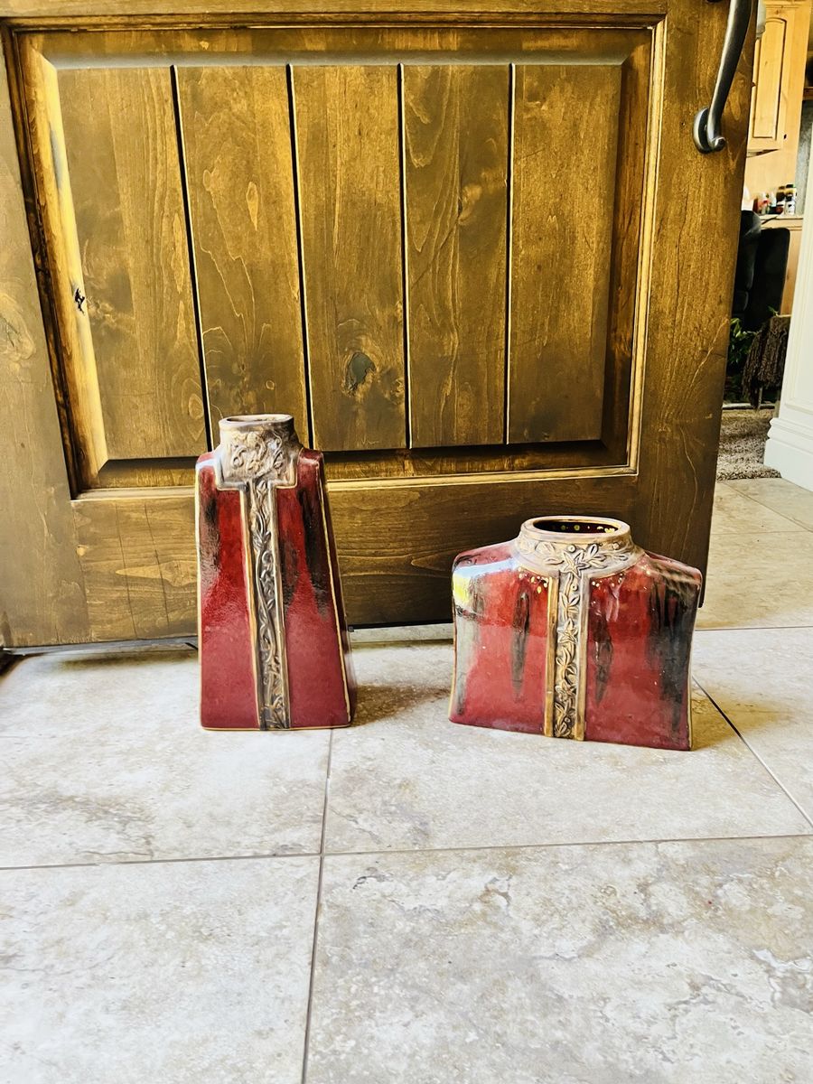 Ceramic Vases - Unique Red & Gold Glaze, Sculptural Home Decor Set of 2