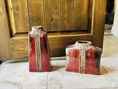 Ceramic Vases - Unique Red & Gold Glaze, Sculptural Home Decor Set of 2
