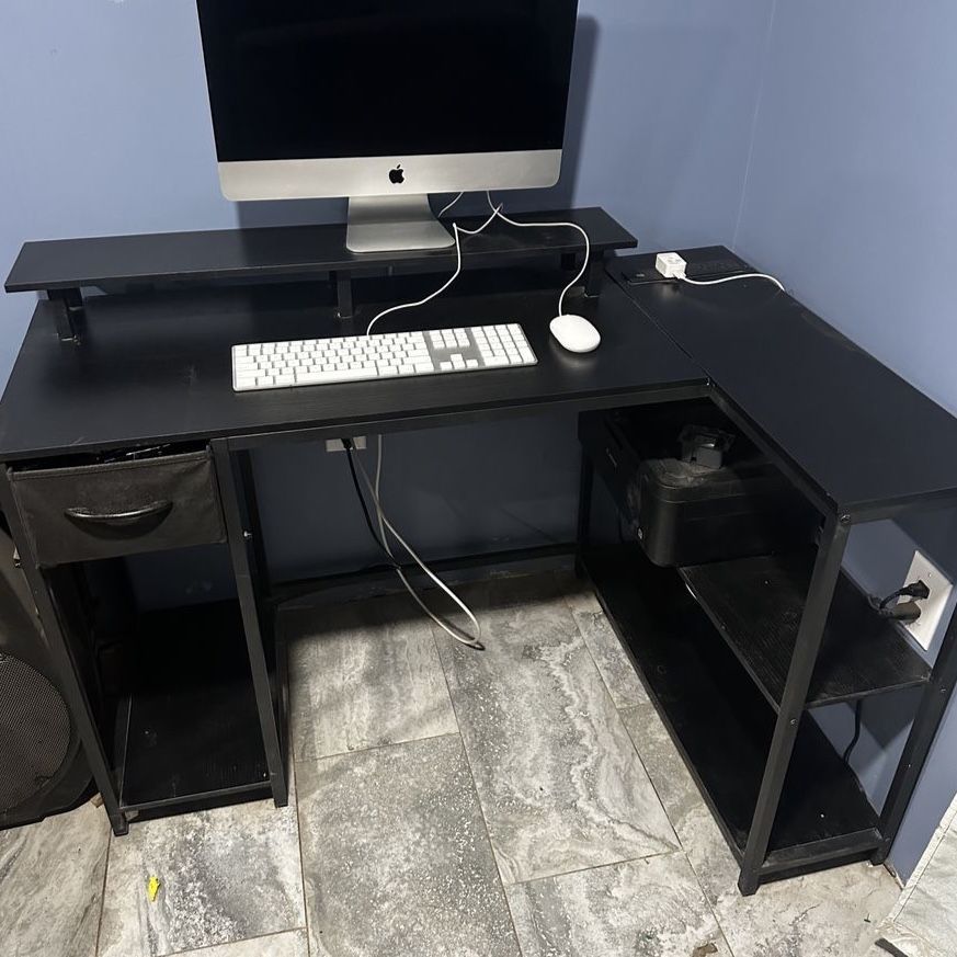 Black L-Shaped Computer Desk with Shelves and Fabric Drawer