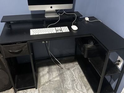 Black L-Shaped Computer Desk with Shelves and Fabric Drawer
