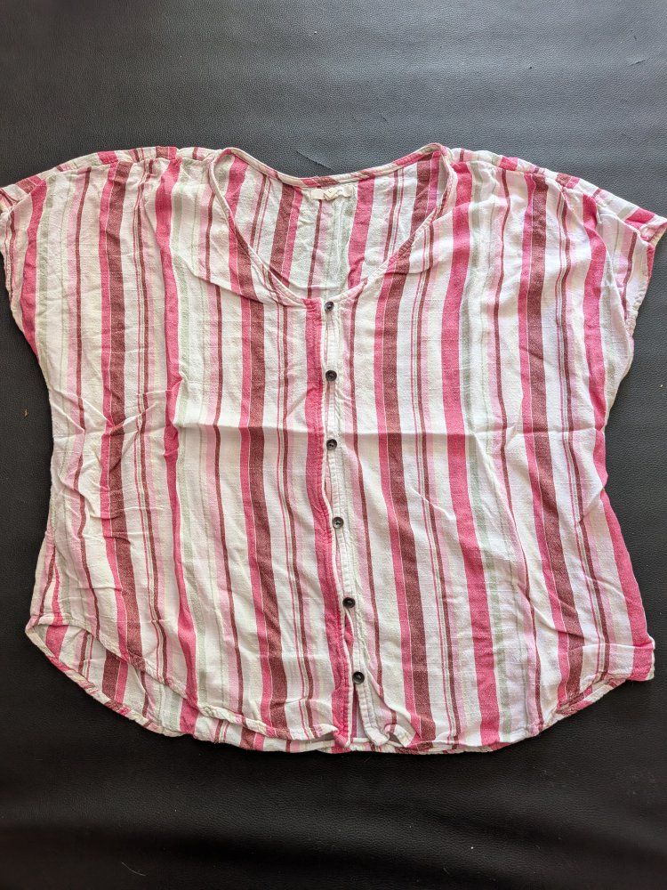 Maurices Women's Pink Striped Button-Front Short Sleeve Blouse Size Large