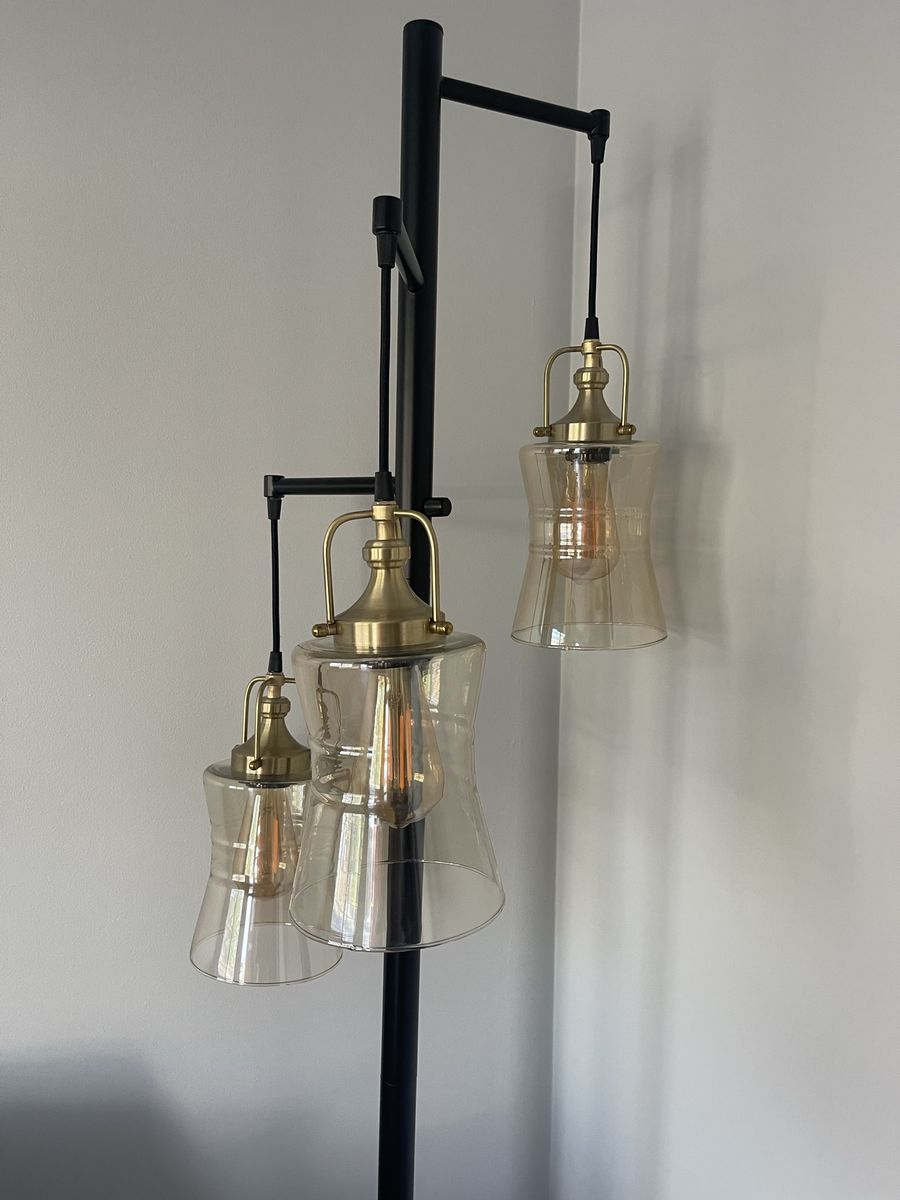 Industrial Style Floor Lamp with 3 Glass Shades & Black/Gold Finish