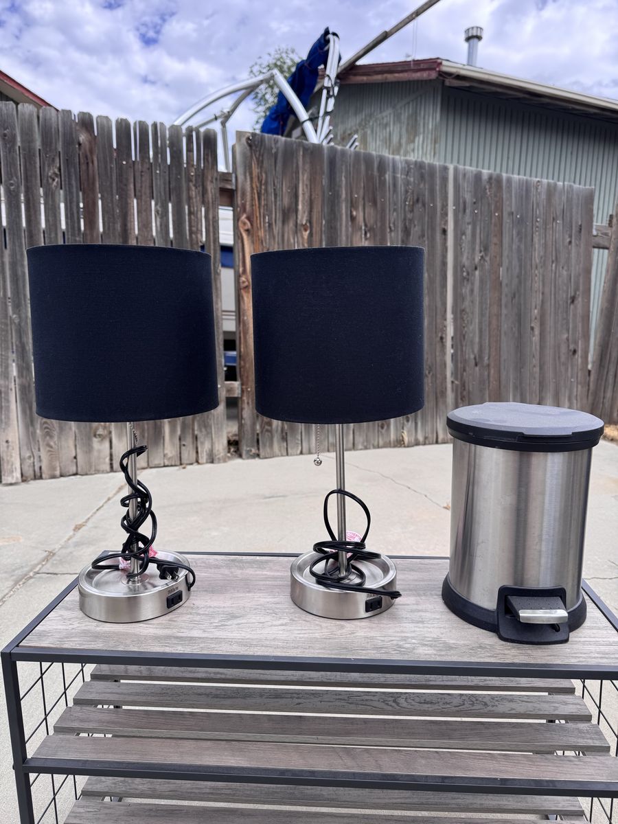 Pair of stainless steel Table Lamps with Black Fabric Shades & USB Ports and trashcan