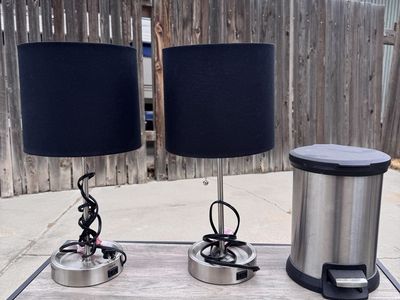 Pair of stainless steel Table Lamps with Black Fabric Shades & USB Ports and trashcan