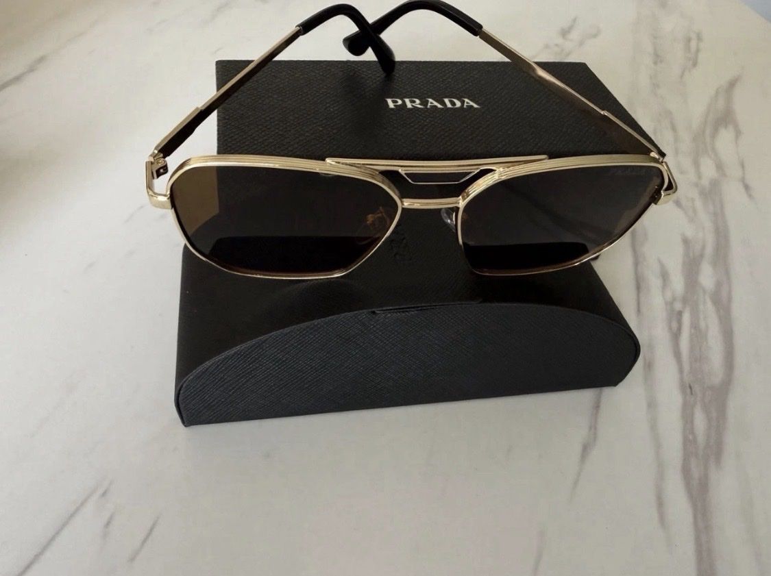 PRADA Women’s Aviator Sunglasses Gold Metal Frame Brown Tinted Lenses