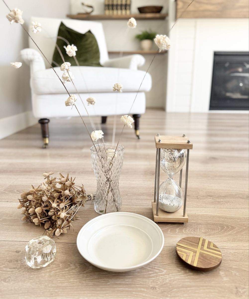 Beautiful | Neutral | Set | Home Decor | Vintage Vase | Crystal Candlestick | Hourglass | Bowl