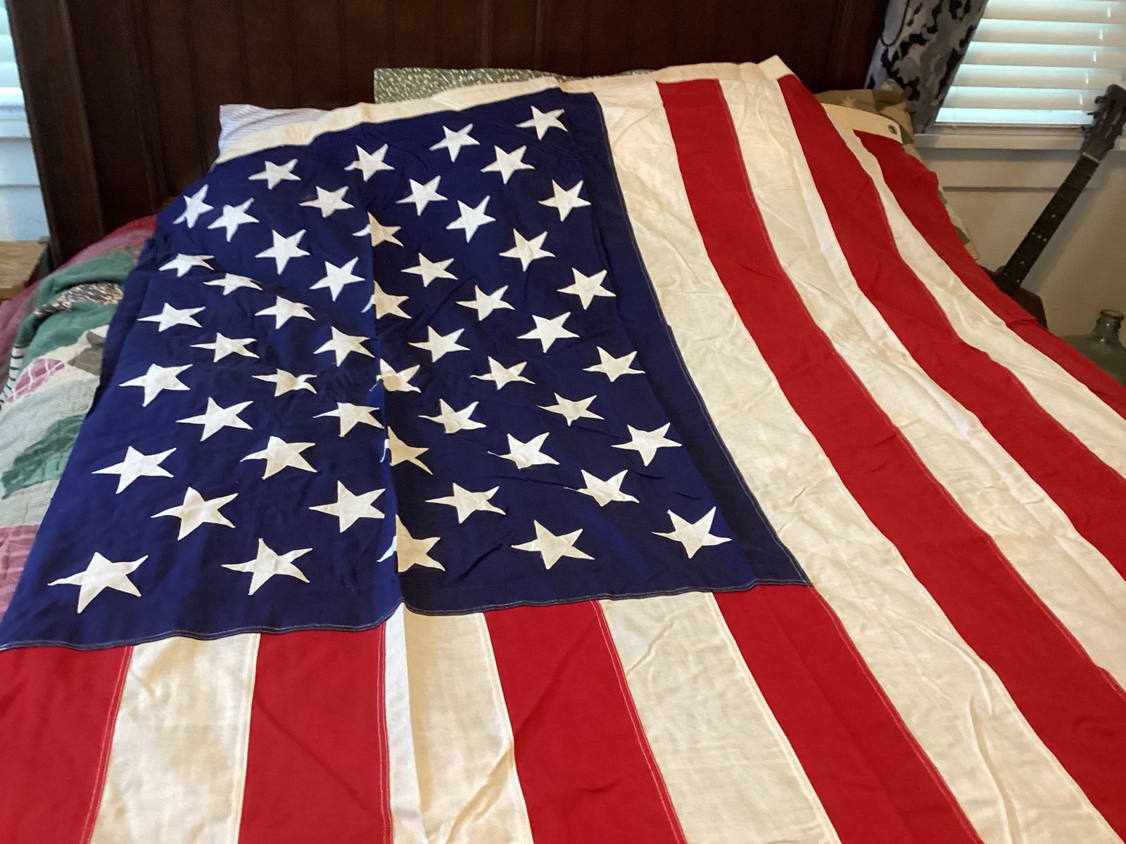 Large US flag cotton sewed stripes and stars valley forged   9-1/2 long