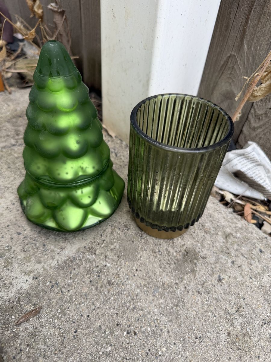 Green Glass Christmas Tree Decor and Ribbed Candle Holder