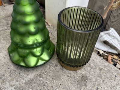 Green Glass Christmas Tree Decor and Ribbed Candle Holder