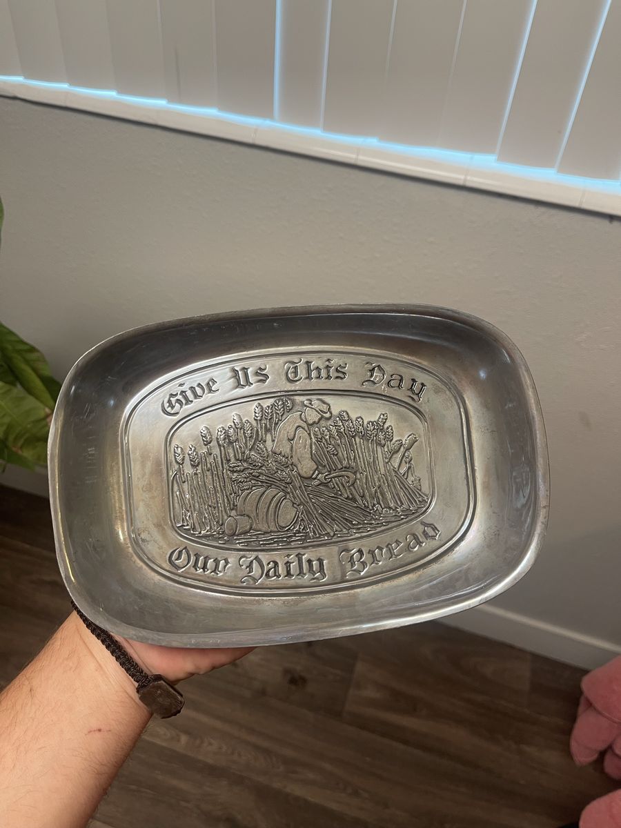 Vintage Pewter Bread Tray Plate - "Give Us This Day Our Daily Bread" Farm Scene Decor