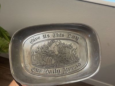 Vintage Pewter Bread Tray Plate - "Give Us This Day Our Daily Bread" Farm Scene Decor