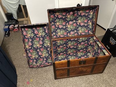 Vintage Wooden Steamer Trunk with Floral Interior - Antique Storage Chest