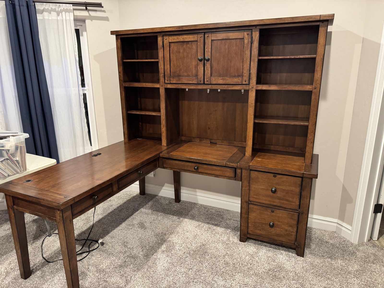 Large Wood L-Shaped Desk with Hutch & File Drawers - Spacious Home Office Furniture