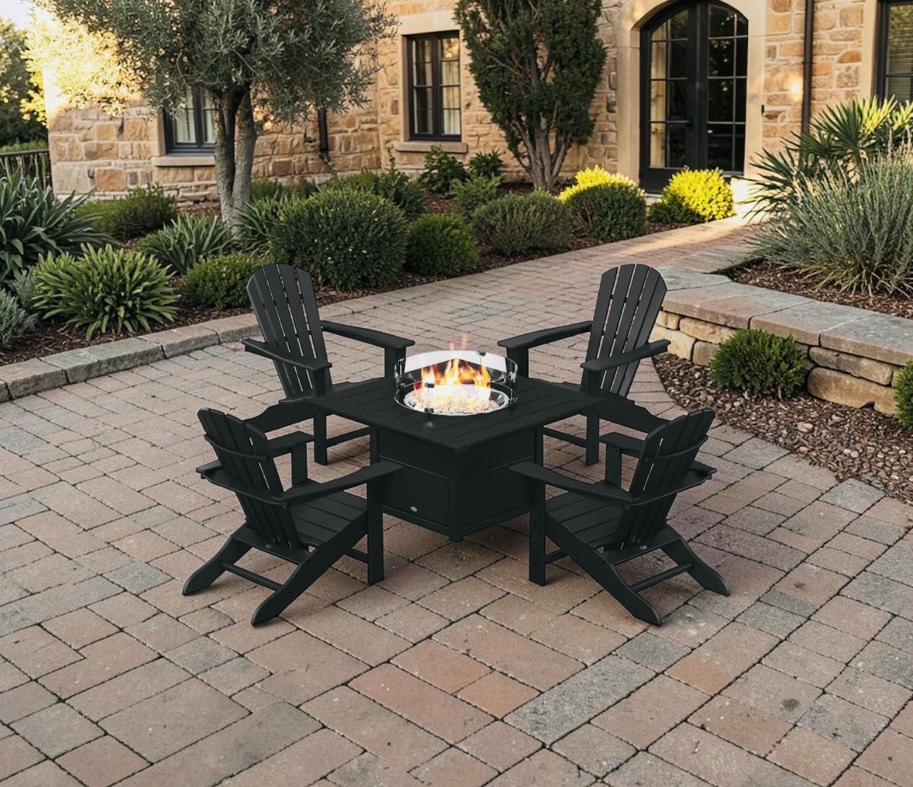 POLYWOOD Black 5-Piece Outdoor Adirondack Chair and Fire Pit Table Set - NEW