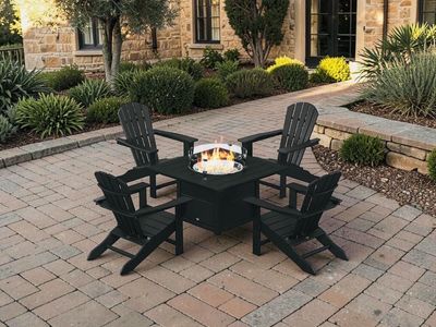 POLYWOOD Black 5-Piece Outdoor Adirondack Chair and Fire Pit Table Set - NEW