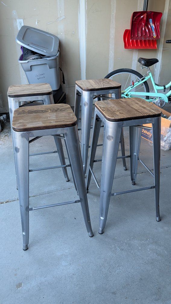 Set of 4 Industrial Gray Metal Bar Stools with Wood Seats - Counter Height