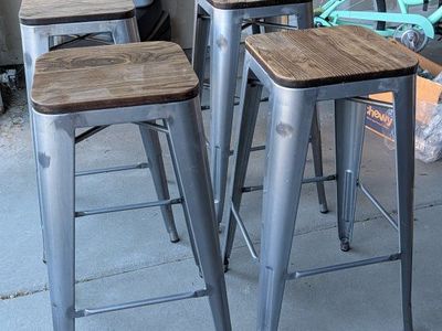 Set of 4 Industrial Gray Metal Bar Stools with Wood Seats - Counter Height