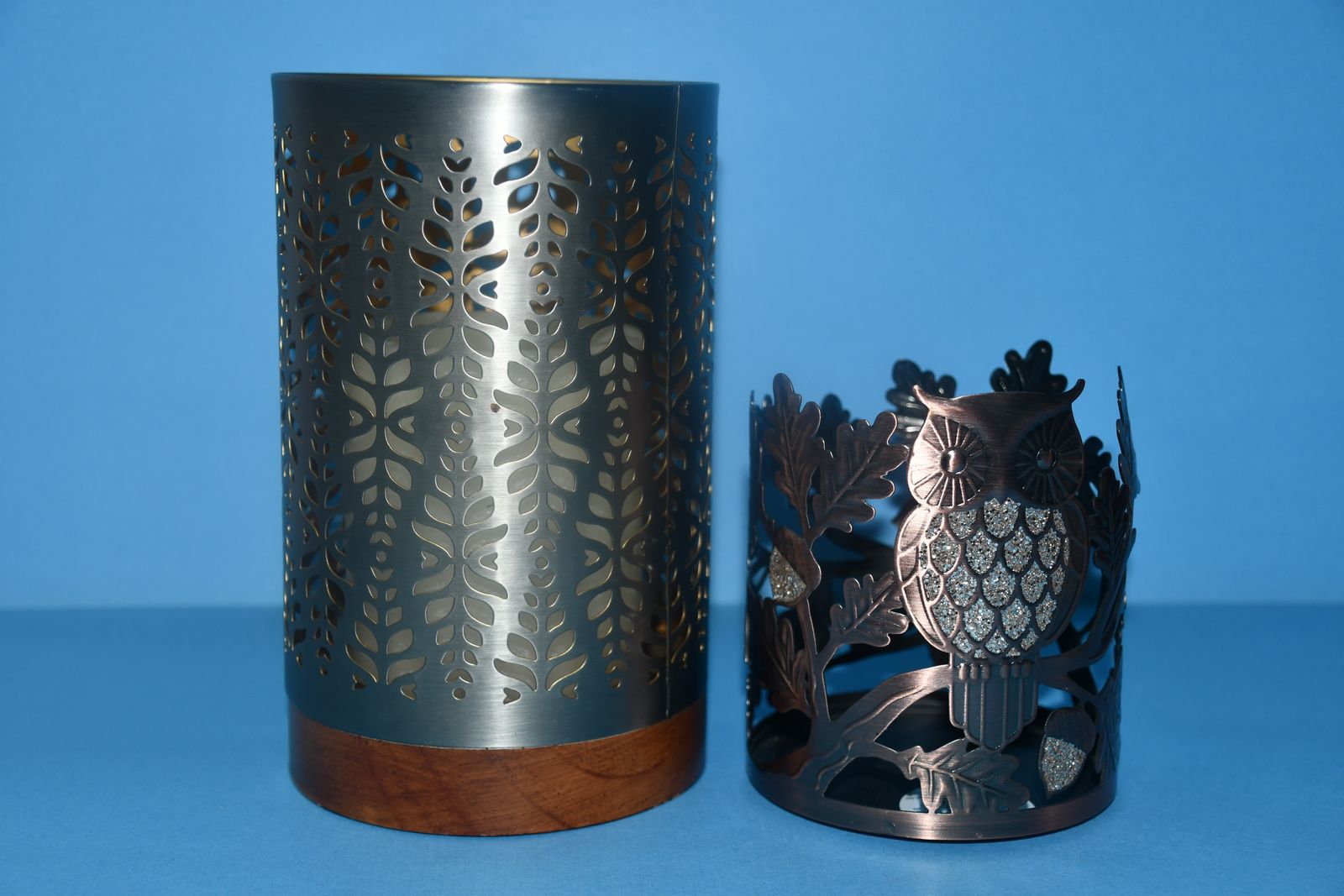 2 CANDLE HOLDERS + 1 CANDLE ~ OWL & ACORNS ~ METAL & WOOD DESIGN ~ HEIGHT 5" & 8" ~ BOTH FOR $5 