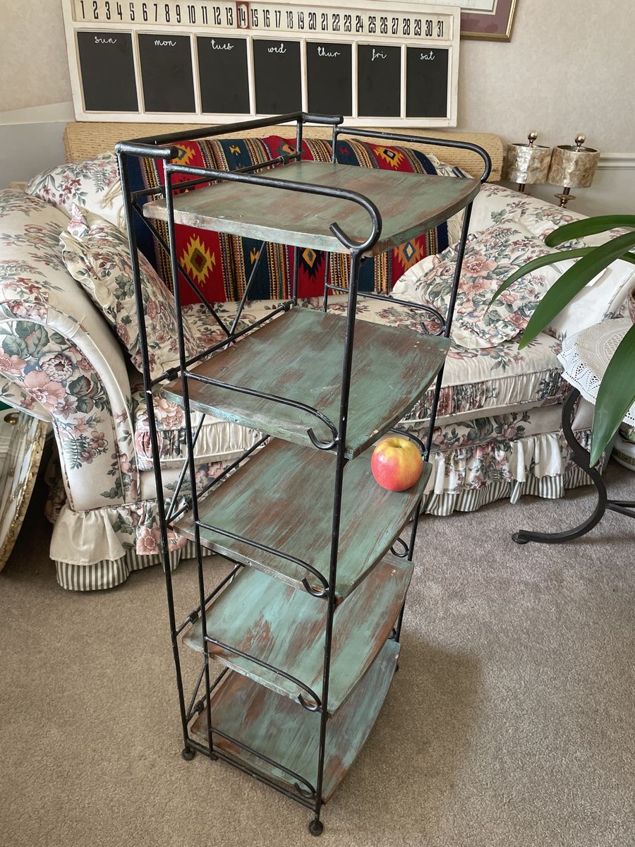 Rustic Metal & Wood 5-Tier Bakers Rack/Shelf - Distressed Green Finish