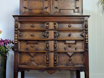 Vintage Burl Wood Spanish Revival Chest-on-Chest Dresser