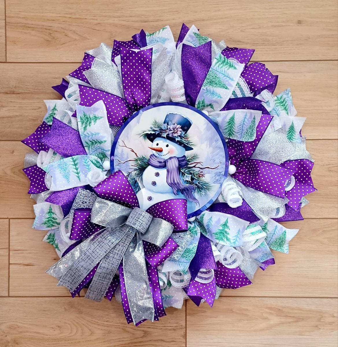Winter Christmas Snowman Wreath Purple & Silver