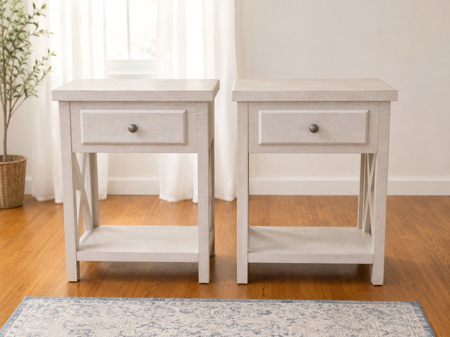 Rustic Farmhouse White Wood End Tables (Pair) with Drawer & Shelf, X-Accent Side Tables