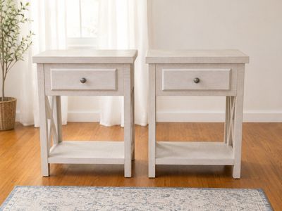 Rustic Farmhouse White Wood End Tables (Pair) with Drawer & Shelf, X-Accent Side Tables