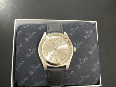 Bulova Silver-Tone Watch with Black Leather Strap - Men's Classic Style