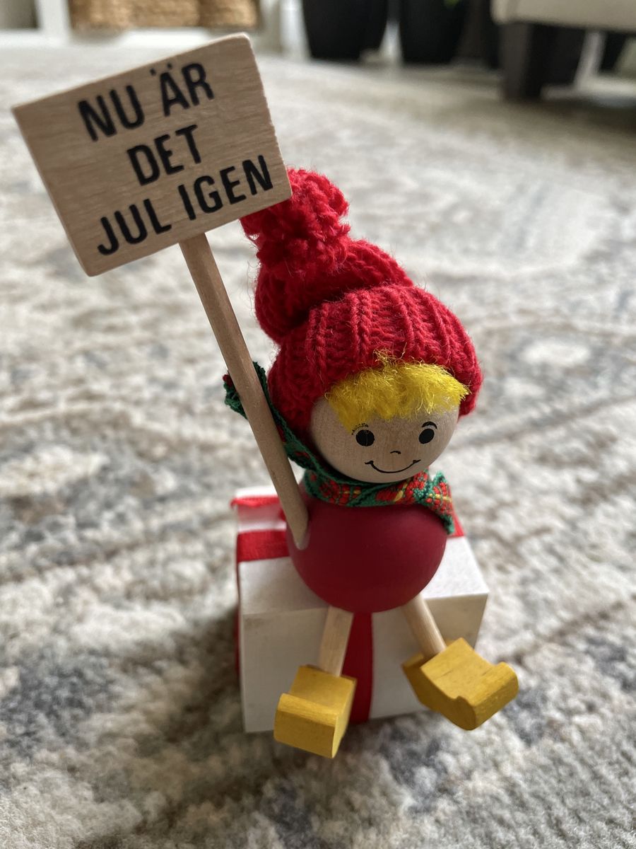 Vintage Swedish tomte Christmas Winter Child on Wood Gift Nu Ar det Jul Igen Sweden Made