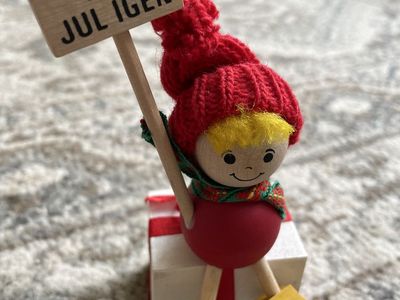 Vintage Swedish tomte Christmas Winter Child on Wood Gift Nu Ar det Jul Igen Sweden Made