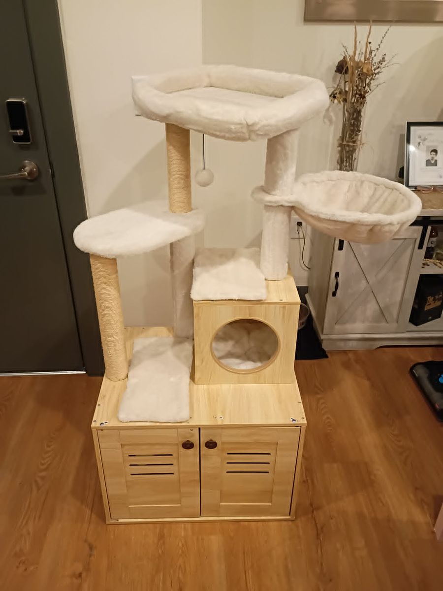 Modern Wooden Cat Tree Condo with Litter Box Enclosure / Storage Cabinet