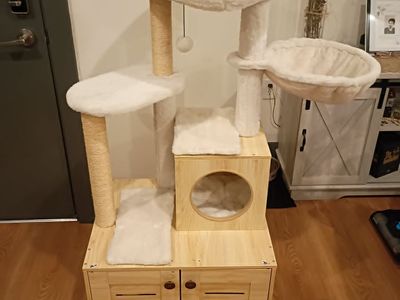 Modern Wooden Cat Tree Condo with Litter Box Enclosure / Storage Cabinet