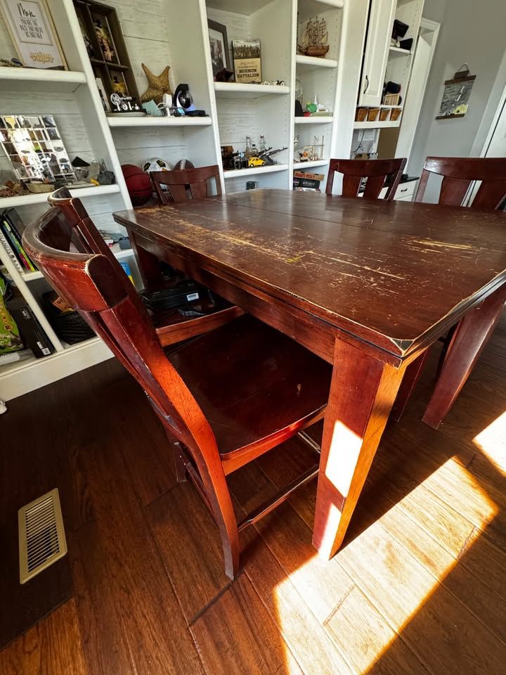 Solid Wood Bar-Height Table + 6 Chairs (Built-In Leaf)