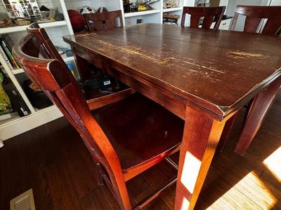 Solid Wood Bar-Height Table + 6 Chairs (Built-In Leaf)