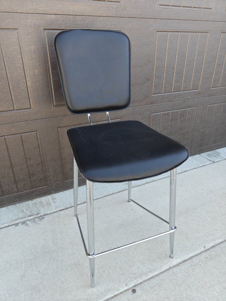 Vintage Chrome Bar Stool with Black Vinyl Padded Seat and Backrest