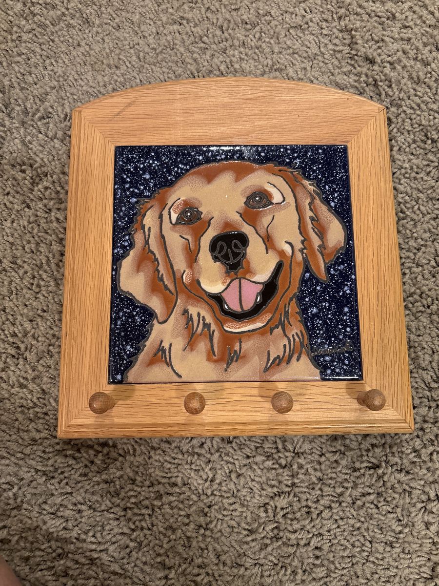 Golden Retriever Dog Art Tile Wood Key Holder Rack - 3 Hooks, Wall Mount
