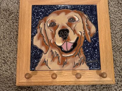 Golden Retriever Dog Art Tile Wood Key Holder Rack - 3 Hooks, Wall Mount