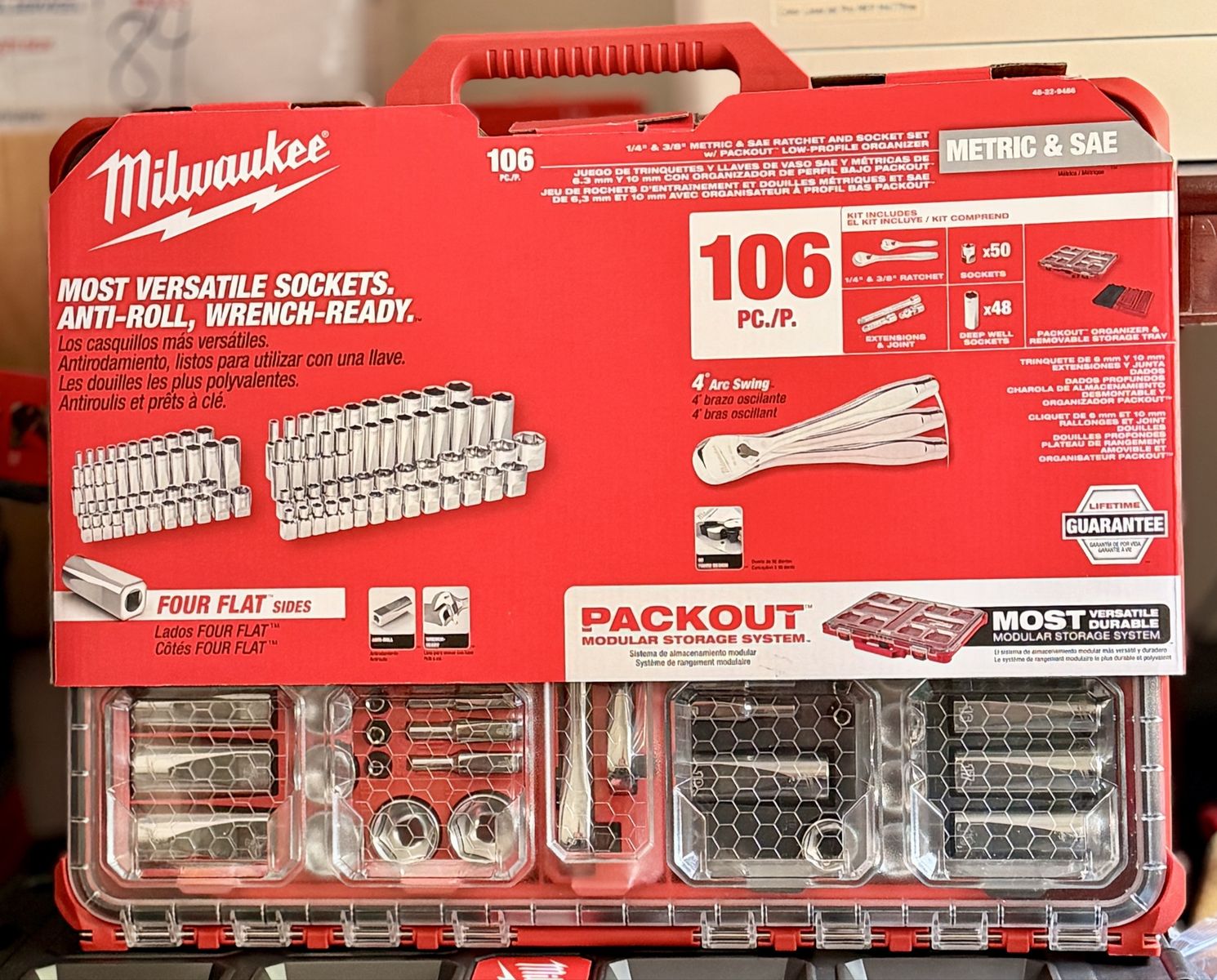 Milwaukee 106pc 1/4" and 3/8" Ratchet and Socket Set with Packout Case. Part number: 48-22-9486