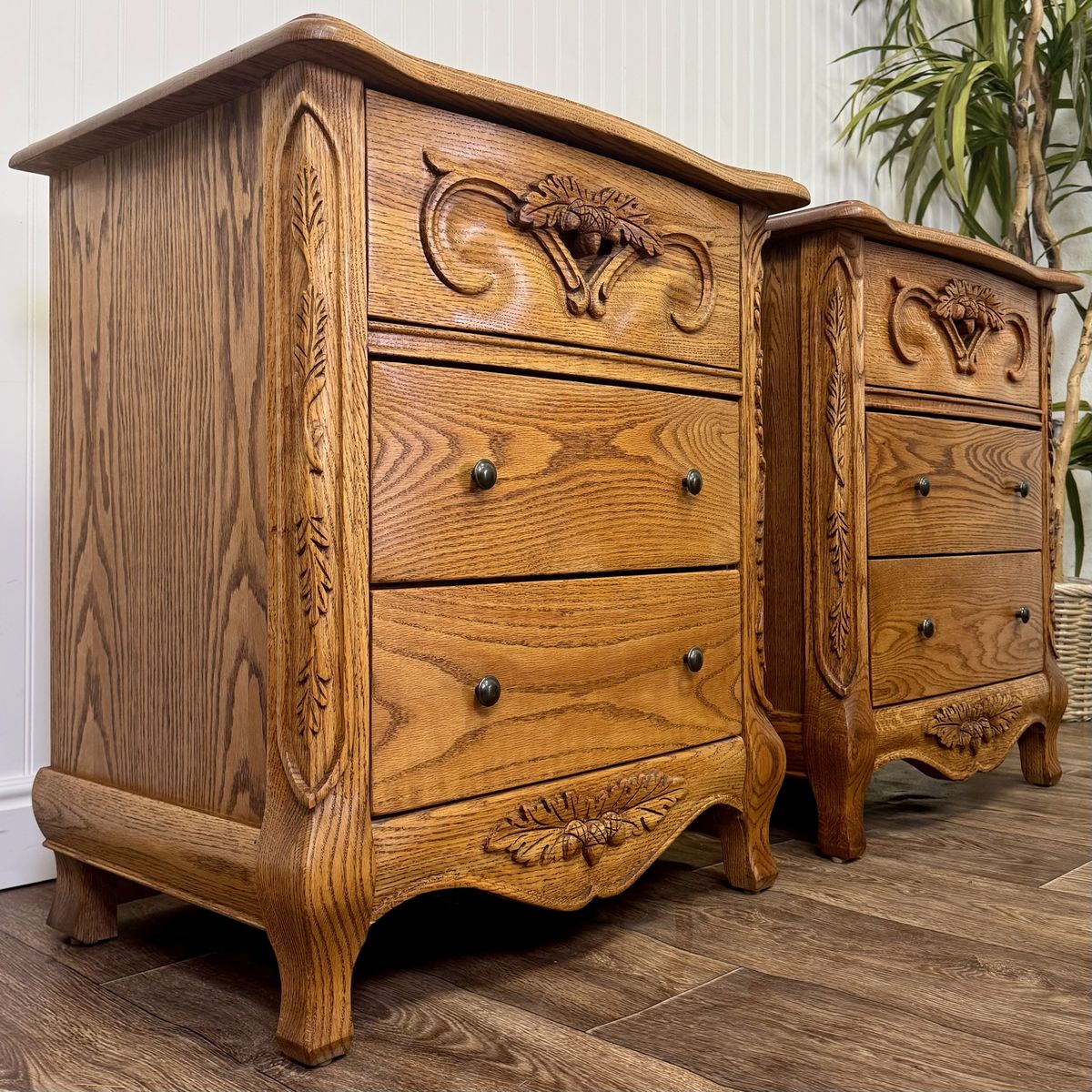 Vintage Carved Oak Nightstand Pair - Oakwood Interiors Versailles Collection