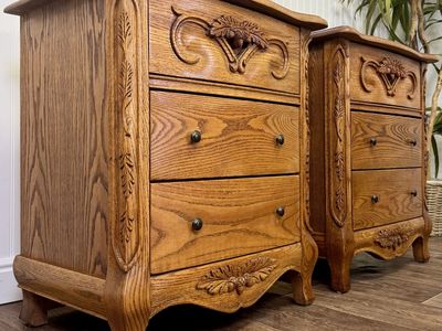 Vintage Carved Oak Nightstand Pair - Oakwood Interiors Versailles Collection