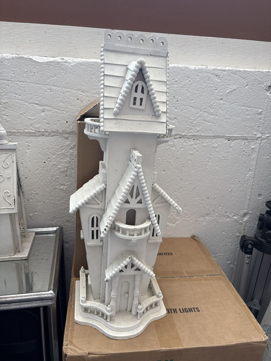 Vintage White Wooden Victorian Haunted House Birdhouse Sculpture Decor