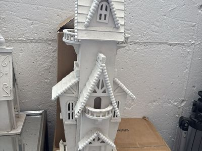 Vintage White Wooden Victorian Haunted House Birdhouse Sculpture Decor