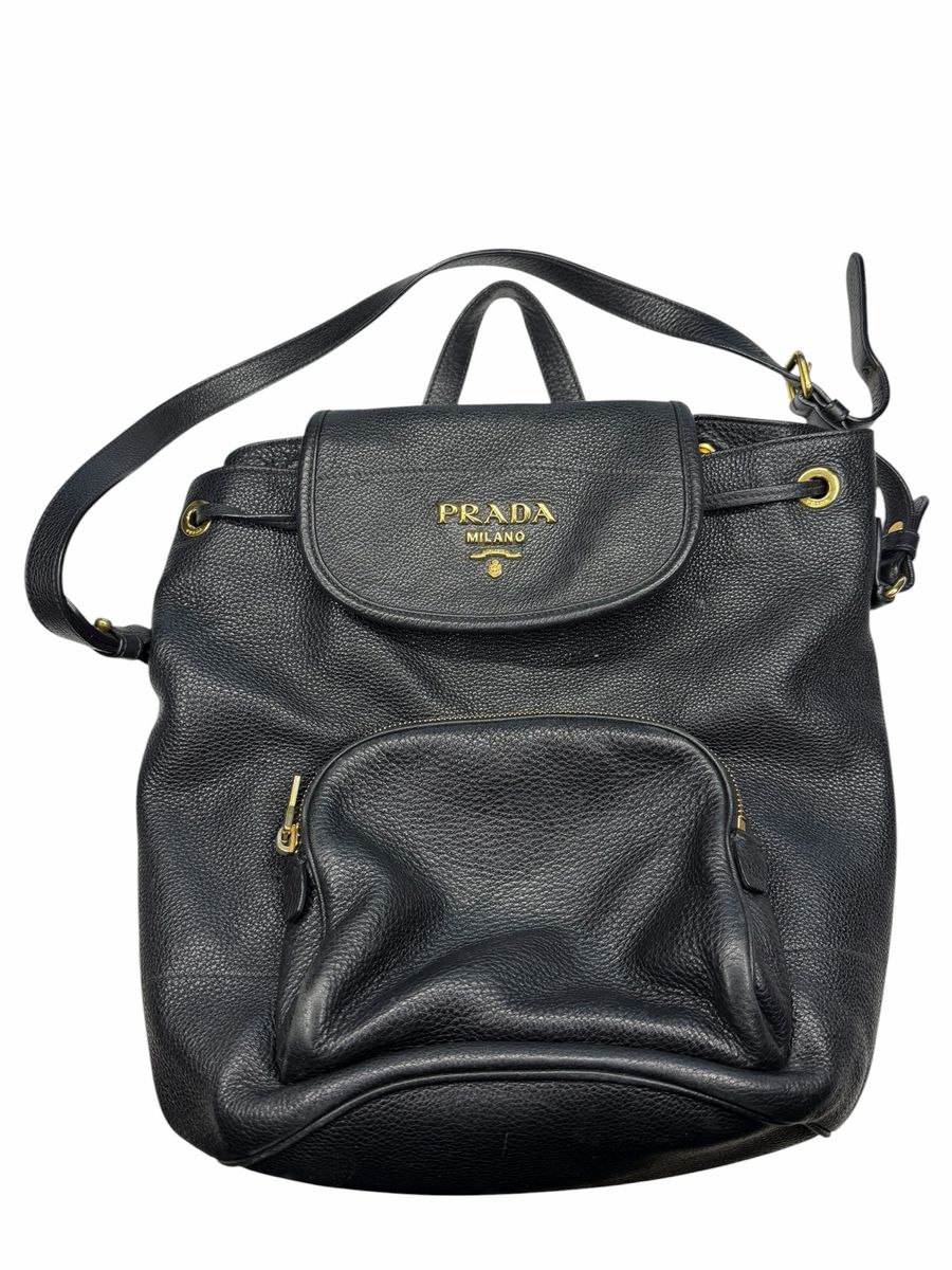 Prada Black Vitello Daino Leather Backpack Gold Hardware Drawstring Flap Closure