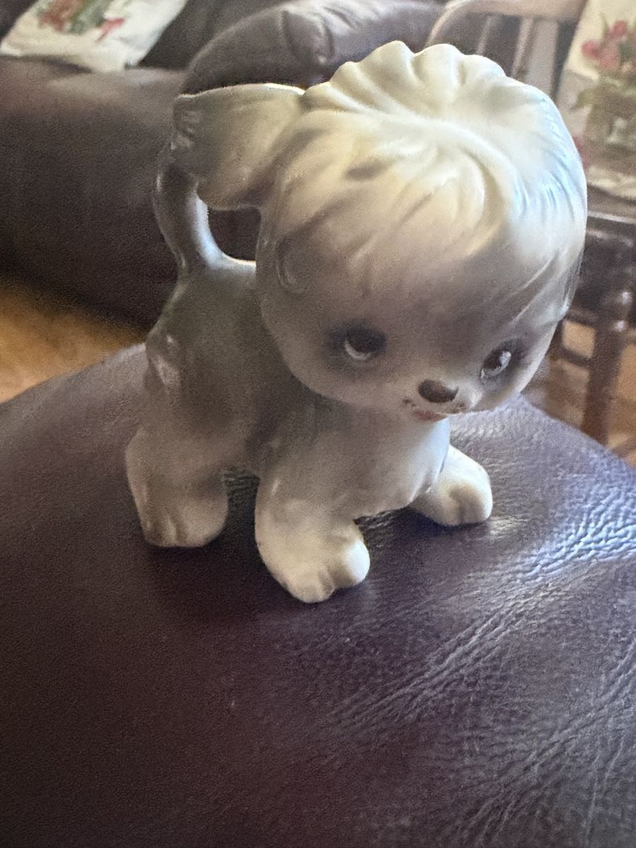 Vintage Ceramic Puppy Dog Figurine Grey & White Puppy Decor