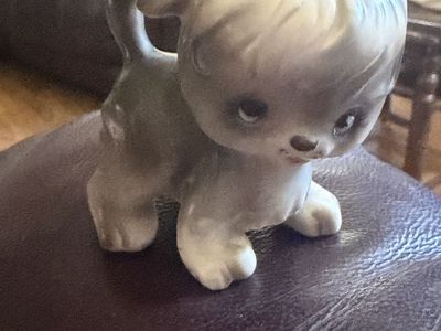 Vintage Ceramic Puppy Dog Figurine Grey & White Puppy Decor