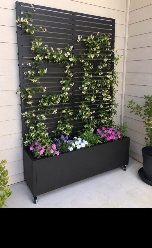 Black Metal Mobile Planter Box with Trellis Screen on Lockable Wheels - 73" x 47" #1