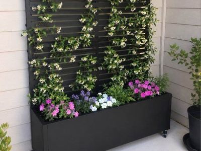 Black Metal Mobile Planter Box with Trellis Screen on Lockable Wheels - 73" x 47" #1