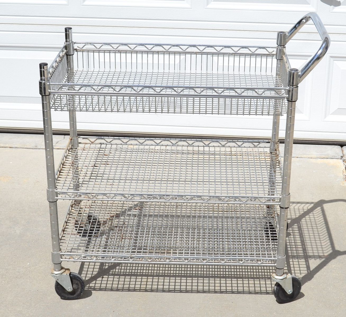 Chrome Wire 3-Tier Rolling Utility Cart with Handle