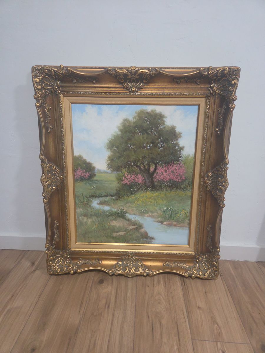 Vintage Framed Landscape Oil Painting - Serene Creek & Blooming Trees, Gold Ornate Frame