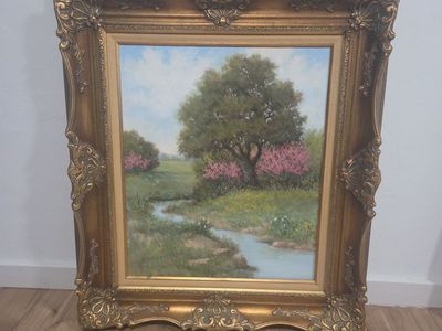 Vintage Framed Landscape Oil Painting - Serene Creek & Blooming Trees, Gold Ornate Frame